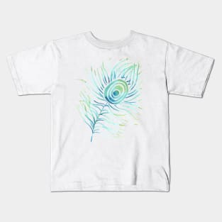 Turquoise Peacock Feather on White Kids T-Shirt